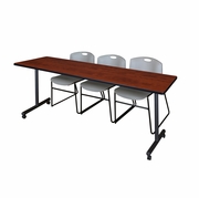 84 X 24 IN. MOBILE T-BASE TRAINING TABLE- CHERRY, 2 STACK CHAIRS- GREY <FONT COLOR=GREEN>-FREE SHIPPING-</FONT>