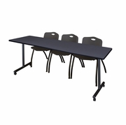 84 X 24 IN. MOBILE T-BASE TRAINING TABLE- GREY, 2 M STACK CHAIRS- BLACK <FONT COLOR=GREEN>-FREE SHIPPING-</FONT>