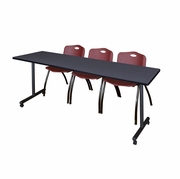 84 X 24 IN. MOBILE T-BASE TRAINING TABLE- GREY, 2 M STACK CHAIRS- BURGUNDY <FONT COLOR=GREEN>-FREE SHIPPING-</FONT>