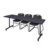 84 X 24 IN. MOBILE T-BASE TRAINING TABLE- GREY, 2 STACK CHAIRS- BLACK <FONT COLOR=GREEN>-FREE SHIPPING-</FONT>