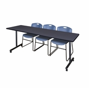 84 X 24 IN. MOBILE T-BASE TRAINING TABLE- GREY, 2 STACK CHAIRS- BLUE <FONT COLOR=GREEN>-FREE SHIPPING-</FONT>