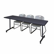 84 X 24 IN. MOBILE T-BASE TRAINING TABLE- GREY, 2 STACK CHAIRS- GREY <FONT COLOR=GREEN>-FREE SHIPPING-</FONT>