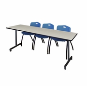 84 X 24 IN. MOBILE T-BASE TRAINING TABLE- MAPLE, 2 M STACK CHAIRS- BLUE <FONT COLOR=GREEN>-FREE SHIPPING-</FONT>