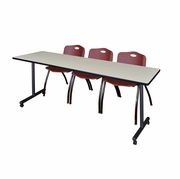 84 X 24 IN. MOBILE T-BASE TRAINING TABLE- MAPLE, 2 M STACK CHAIRS- BURGUNDY <FONT COLOR=GREEN>-FREE SHIPPING-</FONT>