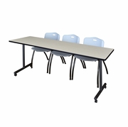 84 X 24 IN. MOBILE T-BASE TRAINING TABLE- MAPLE, 2 M STACK CHAIRS- GREY <FONT COLOR=GREEN>-FREE SHIPPING-</FONT>