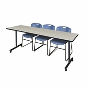 84 X 24 IN. MOBILE T-BASE TRAINING TABLE- MAPLE, 2 STACK CHAIRS- BLUE <FONT COLOR=GREEN>-FREE SHIPPING-</FONT>