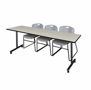 84 X 24 IN. MOBILE T-BASE TRAINING TABLE- MAPLE, 2 STACK CHAIRS- GREY <FONT COLOR=GREEN>-FREE SHIPPING-</FONT>