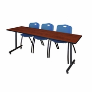 84 X 24 IN. T-BASE TRAINING SEMINAR TABLE- CHERRY, 2 M STACK CHAIRS- BLUE <FONT COLOR=GREEN>-FREE SHIPPING-</FONT>