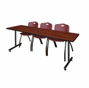 84 X 24 IN. T-BASE TRAINING SEMINAR TABLE- CHERRY, 2 M STACK CHAIRS- BURGUNDY <FONT COLOR=GREEN>-FREE SHIPPING-</FONT>