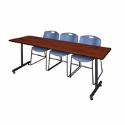 84 X 24 IN. T-BASE TRAINING SEMINAR TABLE- CHERRY, 2 STACK CHAIRS- BLUE <FONT COLOR=GREEN>-FREE SHIPPING-</FONT>