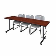84 X 24 IN. T-BASE TRAINING SEMINAR TABLE- CHERRY, 2 STACK CHAIRS- GREY <FONT COLOR=GREEN>-FREE SHIPPING-</FONT>