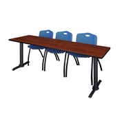 84 X 24 IN. T-BASE TRAINING SEMINAR TABLE- CHERRY & 3 M STACK CHAIRS- BLUE <FONT COLOR=GREEN>-FREE SHIPPING-</FONT>
