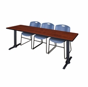 84 X 24 IN. T-BASE TRAINING SEMINAR TABLE- CHERRY & 3 STACK CHAIRS- BLUE <FONT COLOR=GREEN>-FREE SHIPPING-</FONT>