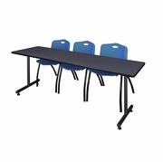 84 X 24 IN. T-BASE TRAINING SEMINAR TABLE- GREY, 2 M STACK CHAIRS- BLUE <FONT COLOR=GREEN>-FREE SHIPPING-</FONT>