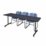 84 X 24 IN. T-BASE TRAINING SEMINAR TABLE- GREY, 2 STACK CHAIRS- BLUE <FONT COLOR=GREEN>-FREE SHIPPING-</FONT>