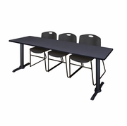 84 X 24 IN. T-BASE TRAINING SEMINAR TABLE- GREY & 3 STACK CHAIRS- BLACK <FONT COLOR=GREEN>-FREE SHIPPING-</FONT>