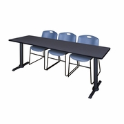 84 X 24 IN. T-BASE TRAINING SEMINAR TABLE- GREY & 3 STACK CHAIRS- BLUE <FONT COLOR=GREEN>-FREE SHIPPING-</FONT>