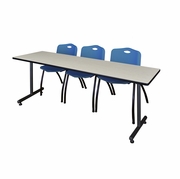 84 X 24 IN. T-BASE TRAINING SEMINAR TABLE- MAPLE, 2 M STACK CHAIRS- BLUE <FONT COLOR=GREEN>-FREE SHIPPING-</FONT>