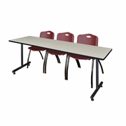 84 X 24 IN. T-BASE TRAINING SEMINAR TABLE- MAPLE, 2 M STACK CHAIRS- BURGUNDY <FONT COLOR=GREEN>-FREE SHIPPING-</FONT>