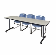 84 X 24 IN. T-BASE TRAINING SEMINAR TABLE- MAPLE, 2 STACK CHAIRS- BLUE <FONT COLOR=GREEN>-FREE SHIPPING-</FONT>