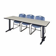 84 X 24 IN. T-BASE TRAINING SEMINAR TABLE- MAPLE & 3 STACK CHAIRS- BLUE <FONT COLOR=GREEN>-FREE SHIPPING-</FONT>