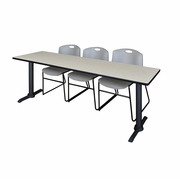 84 X 24 IN. T-BASE TRAINING SEMINAR TABLE- MAPLE & 3 STACK CHAIRS- GREY <FONT COLOR=GREEN>-FREE SHIPPING-</FONT>