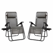 ADJUSTABLE FOLDING MESH ZERO GRAVITY RECLINING LOUNGE CHAIR WITH PILLOW AND CUP HOLDER TRAY IN GRAY, SET OF 2 <font color=green>FREE SHIPPING!</font>