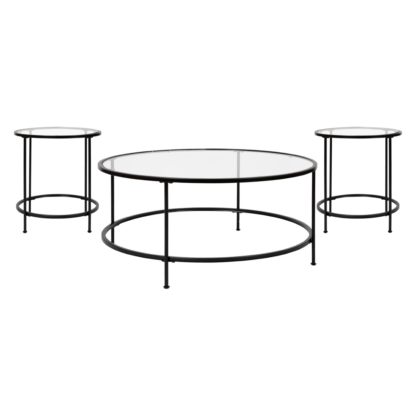 ASTORIA COLLECTION COFFEE AND END TABLE SET - CLEAR GLASS TOP WITH ROUND MATTE BLACK FRAME - 3 PIECE OCCASIONAL TABLE SET <font color=green>FREE SHIPPING!</font> ASTORIA COLLECTION COFFEE AND END TABLE SET - CLEAR GLASS TOP WITH ROUND MATTE BLACK FRAME - 3 PIECE OCCASIONAL TABLE SET <font color=green>FREE SHIPPING!</font>