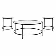 ASTORIA COLLECTION COFFEE AND END TABLE SET - CLEAR GLASS TOP WITH ROUND MATTE BLACK FRAME - 3 PIECE OCCASIONAL TABLE SET <font color=green>FREE SHIPPING!</font>