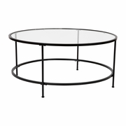 ASTORIA COLLECTION ROUND COFFEE TABLE - MODERN CLEAR GLASS COFFEE TABLE WITH MATTE BLACK FRAME: <font color=green>FREE SHIPPING!</font>