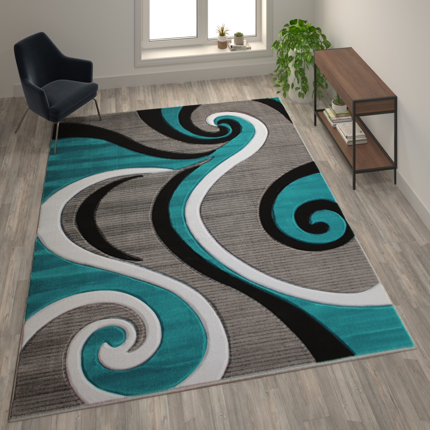 Athos Collection 8' x 10' Turquoise Abstract Area Rug Olefin Rug with