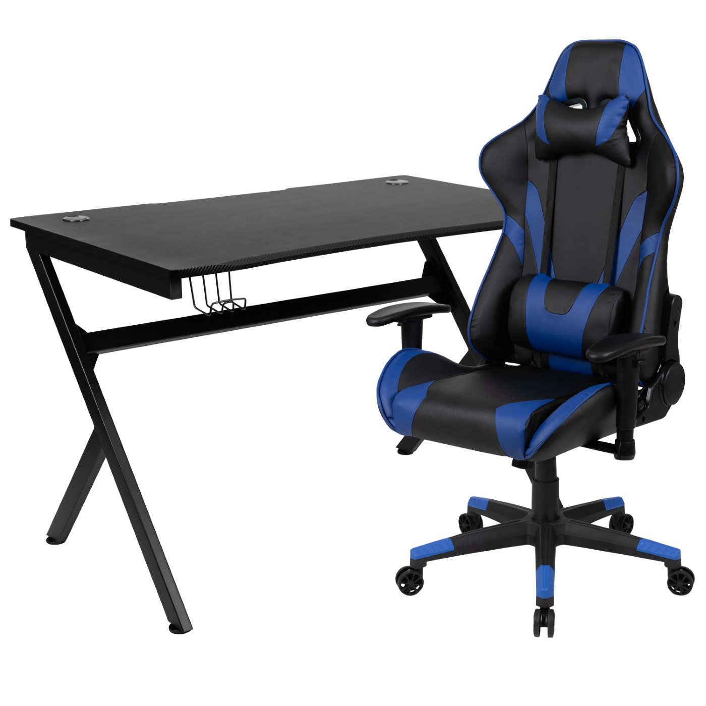 BLACK GAMING DESK AND BLUE/BLACK RECLINING GAMING CHAIR SET WITH CUP HOLDER, HEADPHONE HOOK & 2 WIRE MANAGEMENT HOLES: <font color=green>FREE SHIPPING!</font> BLACK GAMING DESK AND BLUE/BLACK RECLINING GAMING CHAIR SET WITH CUP HOLDER, HEADPHONE HOOK & 2 WIRE MANAGEMENT HOLES: <font color=green>FREE SHIPPING!</font>