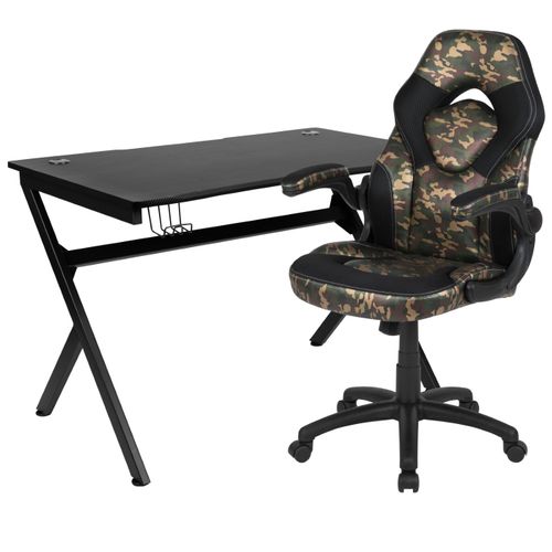 BLACK GAMING DESK AND CAMOUFLAGE/BLACK RACING CHAIR SET WITH CUP HOLDER, HEADPHONE HOOK & 2 WIRE MANAGEMENT HOLES: <font color=green>FREE SHIPPING!</font>