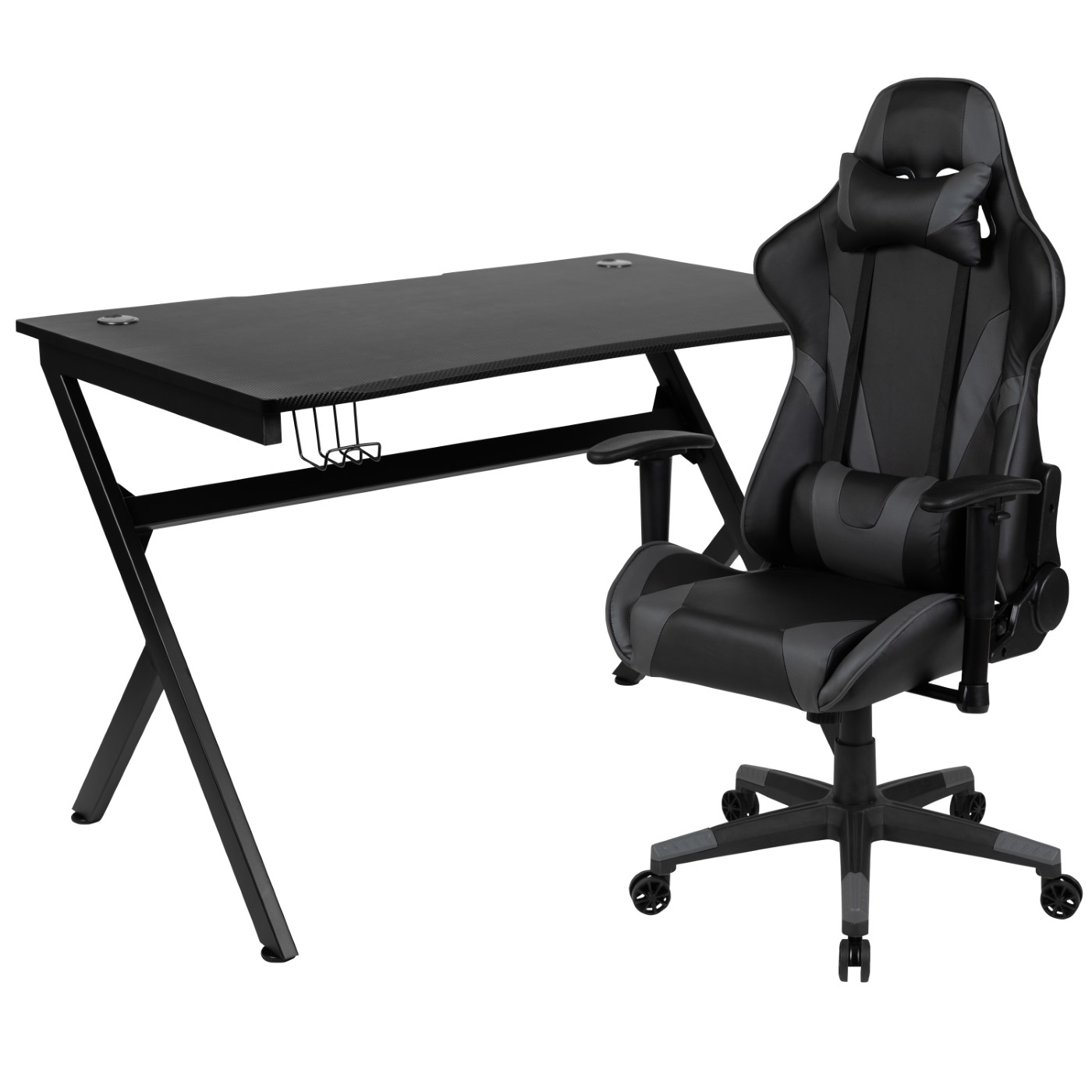 BLACK GAMING DESK AND GRAY/BLACK RECLINING GAMING CHAIR SET WITH CUP HOLDER, HEADPHONE HOOK & 2 WIRE MANAGEMENT HOLES: <font color=green>FREE SHIPPING!</font> BLACK GAMING DESK AND GRAY/BLACK RECLINING GAMING CHAIR SET WITH CUP HOLDER, HEADPHONE HOOK & 2 WIRE MANAGEMENT HOLES: <font color=green>FREE SHIPPING!</font>