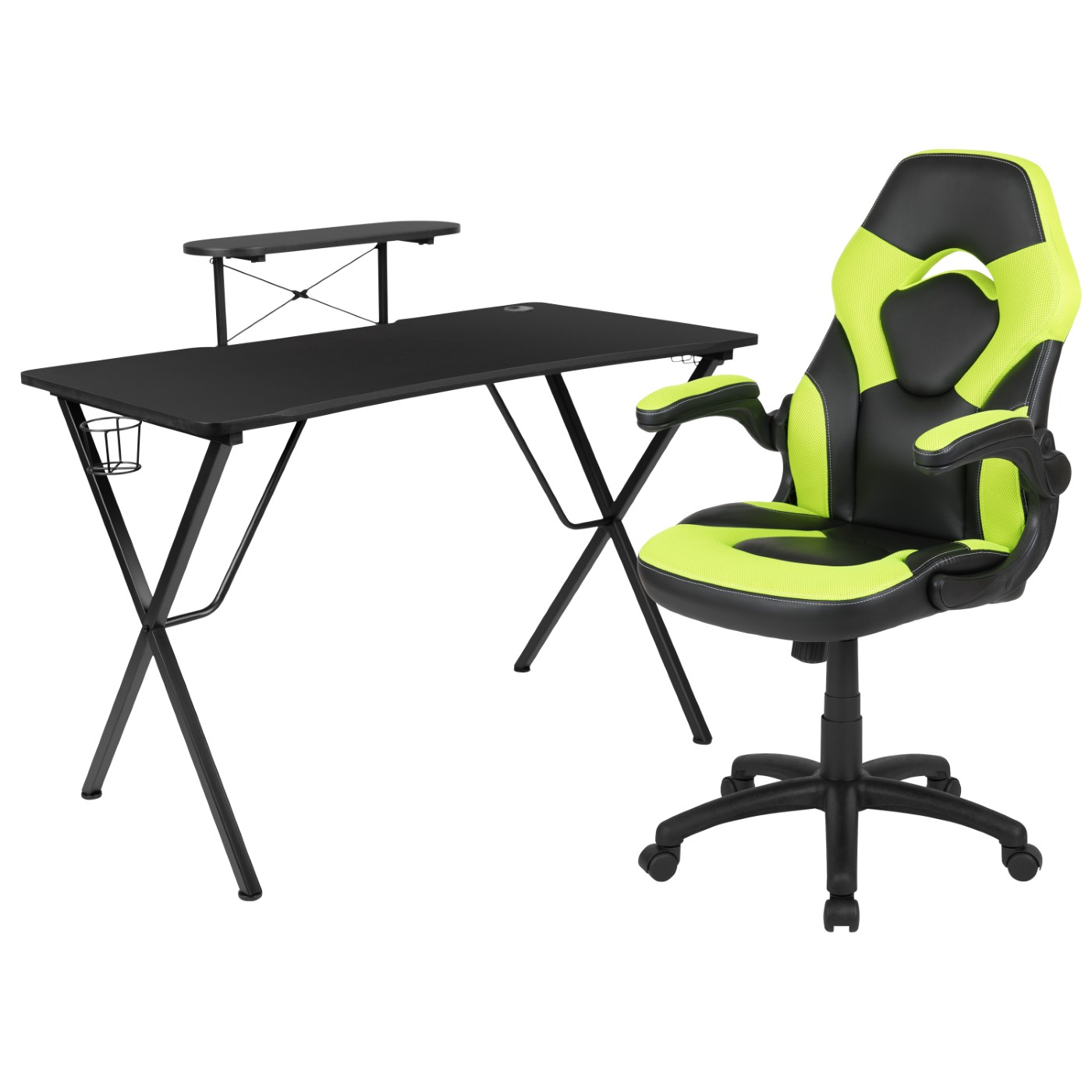 BLACK GAMING DESK AND GREEN/BLACK RACING CHAIR SET WITH CUP HOLDER, HEADPHONE HOOK, AND MONITOR/SMARTPHONE STAND: <font color=green>FREE SHIPPING!</font> BLACK GAMING DESK AND GREEN/BLACK RACING CHAIR SET WITH CUP HOLDER, HEADPHONE HOOK, AND MONITOR/SMARTPHONE STAND: <font color=green>FREE SHIPPING!</font>