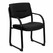 BLACK LEATHERSOFT EXECUTIVE SIDE RECEPTION CHAIR WITH SLED BASE: <font color=green>FREE SHIPPING!</font>