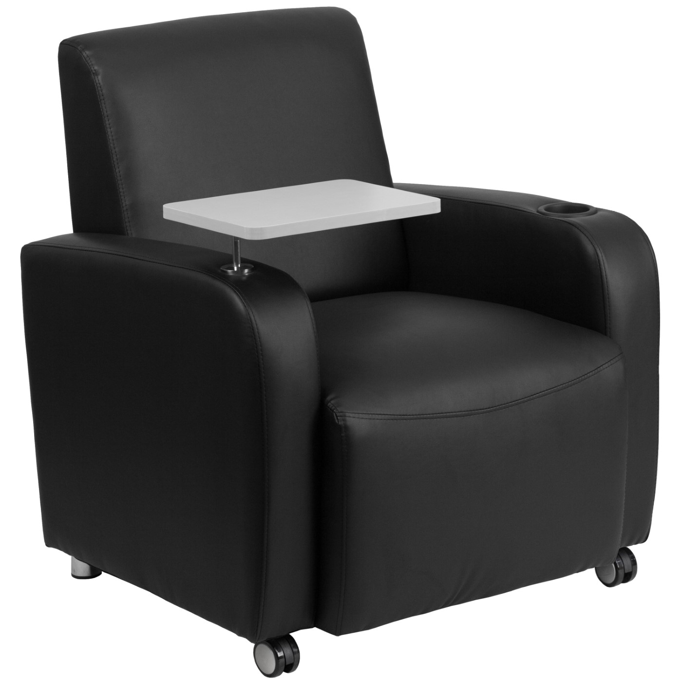 BLACK LEATHERSOFT GUEST CHAIR WITH TABLET ARM, FRONT WHEEL CASTERS AND CUP HOLDER <font color=green>FREE SHIPPING!</font> BLACK LEATHERSOFT GUEST CHAIR WITH TABLET ARM, FRONT WHEEL CASTERS AND CUP HOLDER <font color=green>FREE SHIPPING!</font>