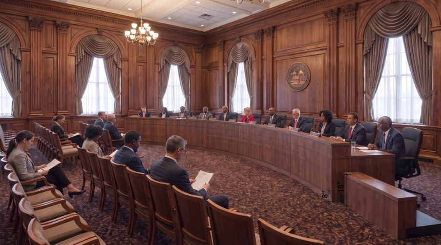 BUDGET COURTROOM FURNITURE: Council Chambers Desks, Half Moon Conference Tables, Judge's Desks, Attorney Desks, Witness Court Reporter Desks, Lecterns, Courtroom Seating from Ergonomic Home.