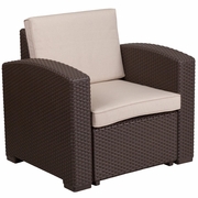 CHOCOLATE BROWN FAUX RATTAN CHAIR WITH ALL-WEATHER BEIGE CUSHION: <font color=green>FREE SHIPPING!</font>
