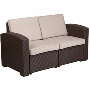 CHOCOLATE BROWN FAUX RATTAN LOVESEAT WITH ALL-WEATHER BEIGE CUSHIONS: <font color=green>FREE SHIPPING!</font>