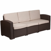 CHOCOLATE BROWN FAUX RATTAN SOFA WITH ALL-WEATHER BEIGE CUSHIONS: <font color=green>FREE SHIPPING!</font>