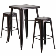 COMMERCIAL GRADE 23.75" SQUARE BLACK-ANTIQUE GOLD METAL INDOOR-OUTDOOR BAR TABLE SET WITH 2 SQUARE SEAT BACKLESS STOOLS <font color=green>FREE SHIPPING!</font>