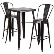 COMMERCIAL GRADE 23.75" SQUARE BLACK-ANTIQUE GOLD METAL INDOOR-OUTDOOR BAR TABLE SET WITH 2 STOOLS WITH BACKS: <font color=green>FREE SHIPPING!</font>