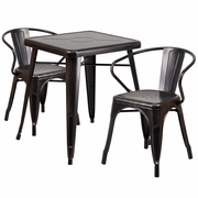 COMMERCIAL GRADE 23.75" SQUARE BLACK-ANTIQUE GOLD METAL INDOOR-OUTDOOR TABLE SET WITH 2 ARM CHAIRS: <font color=green>FREE SHIPPING!</font>