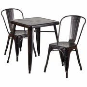 COMMERCIAL GRADE 23.75" SQUARE BLACK-ANTIQUE GOLD METAL INDOOR-OUTDOOR TABLE SET WITH 2 STACK CHAIRS: <font color=green>FREE SHIPPING!</font>