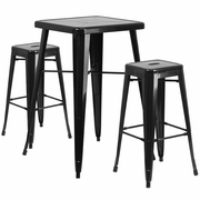 COMMERCIAL GRADE 23.75" SQUARE BLACK METAL INDOOR-OUTDOOR BAR TABLE SET WITH 2 SQUARE SEAT BACKLESS STOOLS: <font color=green>FREE SHIPPING!</font>