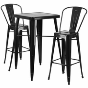 COMMERCIAL GRADE 23.75" SQUARE BLACK METAL INDOOR-OUTDOOR BAR TABLE SET WITH 2 STOOLS WITH BACKS: <font color=green>FREE SHIPPING!</font>