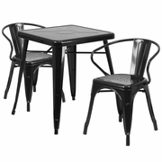 COMMERCIAL GRADE 23.75" SQUARE BLACK METAL INDOOR-OUTDOOR TABLE SET WITH 2 ARM CHAIRS: <font color=green>FREE SHIPPING!</font>