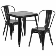 COMMERCIAL GRADE 23.75" SQUARE BLACK METAL INDOOR-OUTDOOR TABLE SET WITH 2 STACK CHAIRS: <font color=green>FREE SHIPPING!</font>