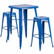 COMMERCIAL GRADE 23.75" SQUARE BLUE METAL INDOOR-OUTDOOR BAR TABLE SET WITH 2 SQUARE SEAT BACKLESS STOOLS <font color=green>FREE SHIPPING!</font>